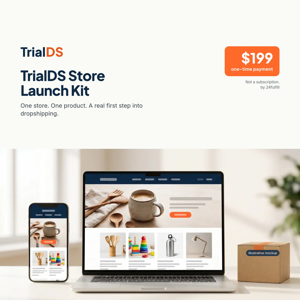TrialDS Store Launch Kit: a Shopify store mockup on a laptop and phone, $199 one-time payment