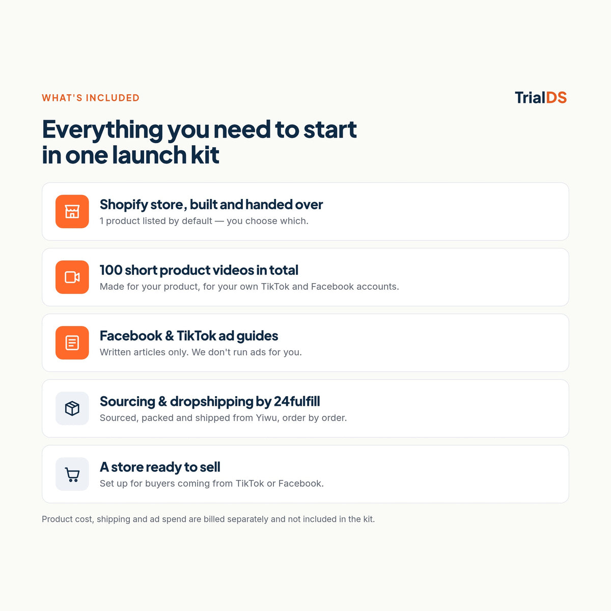 What's included: Shopify store with 1 product, 100 short product videos in total, Facebook and TikTok ad guides, sourcing and dropshipping by 24fulfill