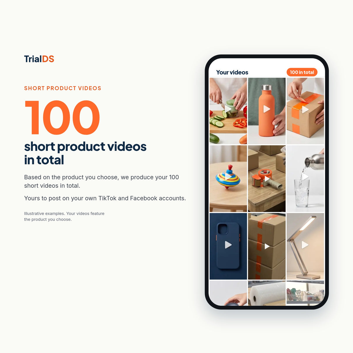 Phone screen showing a grid of short product videos, 100 short product videos in total